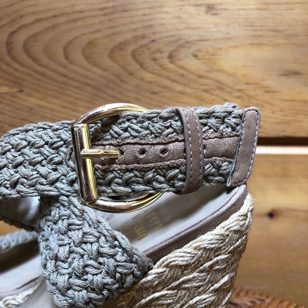 Stuart Weitzman Khaki Crochet Alex Ankle Halter Wrap Espadrille Wedge Sandal 8.5 - Picture 12 of 16